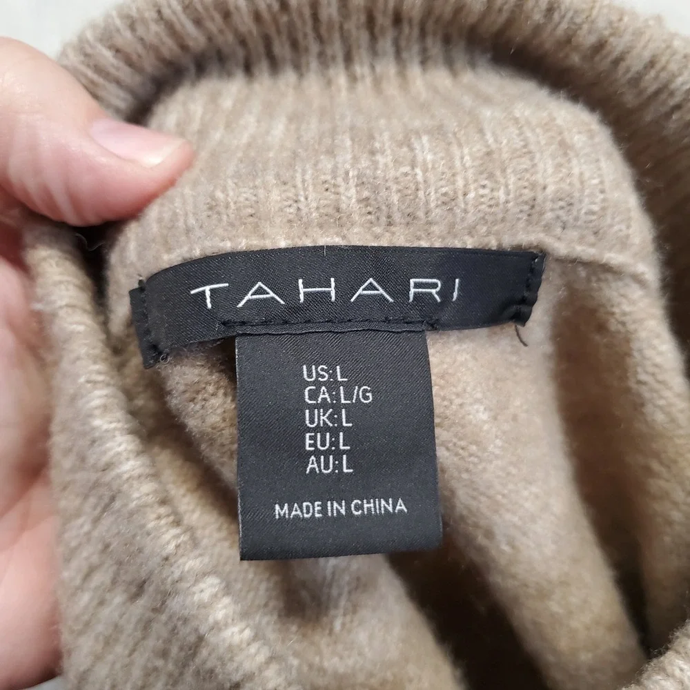 Tahari Cream Brown Mockneck Sleeveless Wool Knit Sweater Women Large Classic - Picture 7 of 7